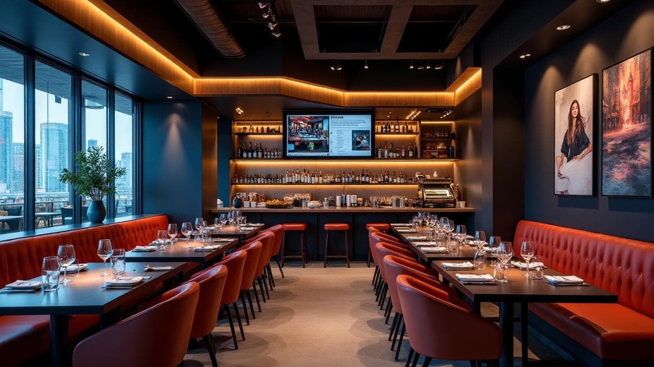 Modern restaurant interior with advanced POS system, digital ordering kiosks, and kitchen automation technology showcasing RestaurantZX solutions